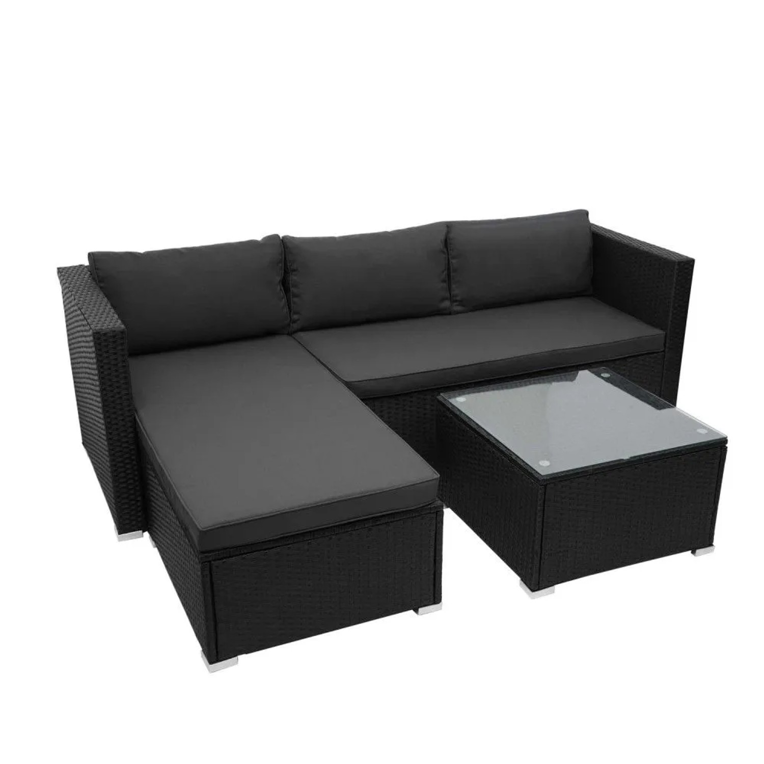 MCW Poly-Rattan Garnitur F57 3-teilig Schwarz Kissen Dunkelgrau ohne Deko-Kissen