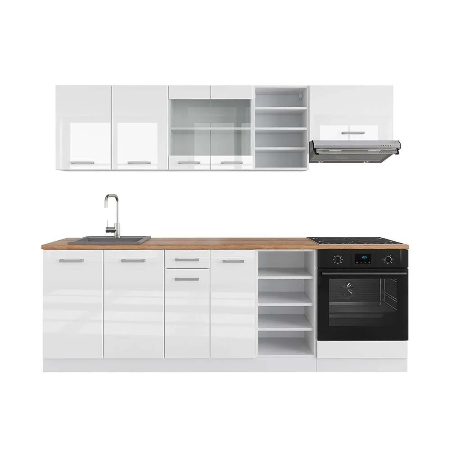 Vicco R-Line Küchenzeile Weiß Hochglanz Weiß 240 cm AP Eiche ohne E-Geräte