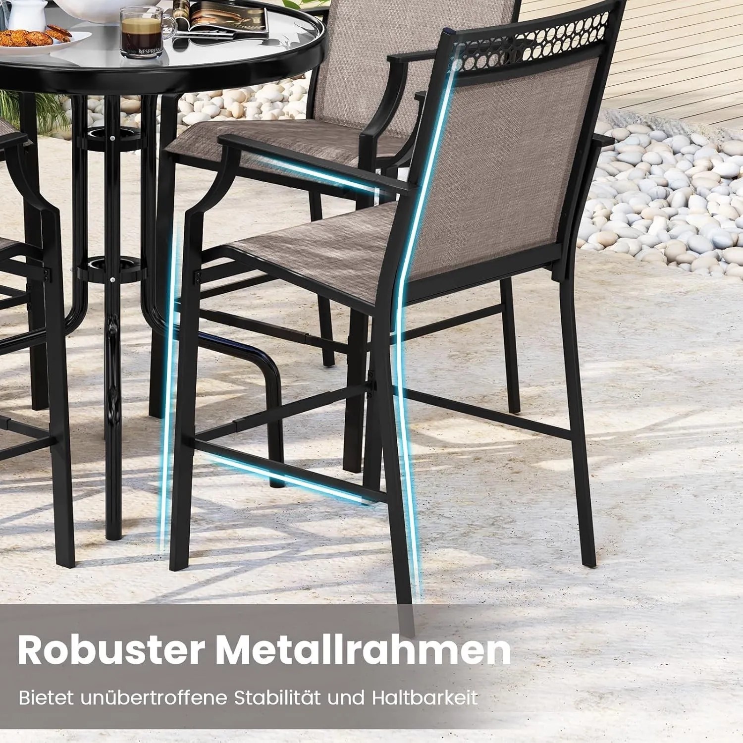 2er Set hohe Gartenstühle in Kaffee mit Metallrahmen und Fußstütze.