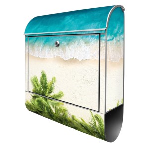 Silberner Banjado Design Briefkasten mit Strandtag-Motiv und Zeitungsfach, 39x47x14cm.