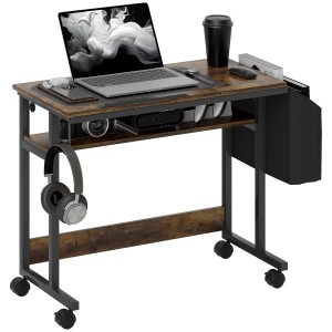 HOMCOM Schreibtisch, rustikal-braun, höhenverstellbar mit Ablagen und Rollen.