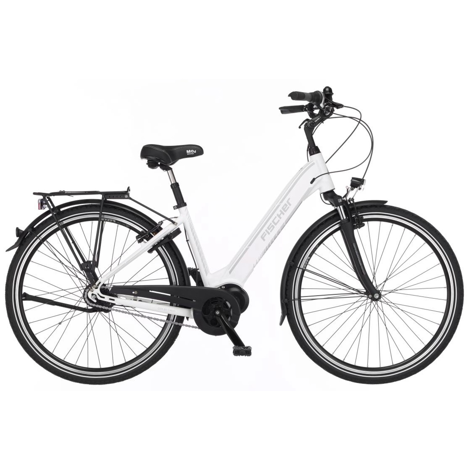 Weißes Fischer E-Bike City-Fahrrad 28 Zoll Cita 3.1i mit Gepäckträger und tiefem Einstieg.