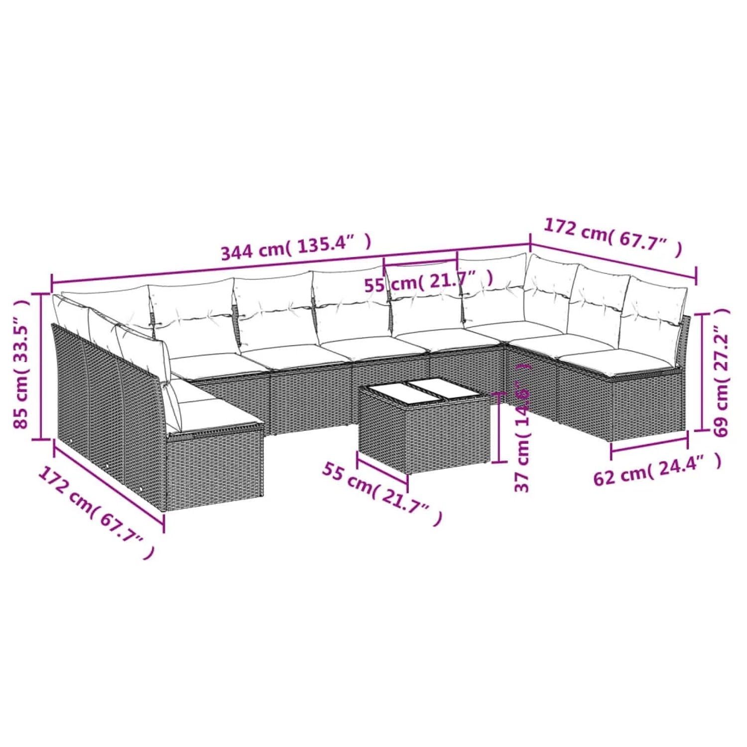 Hellgraue 11-tlg. Garten-Sofagarnitur aus Polyrattan mit Kissen und Tisch für Terrasse und Garten.