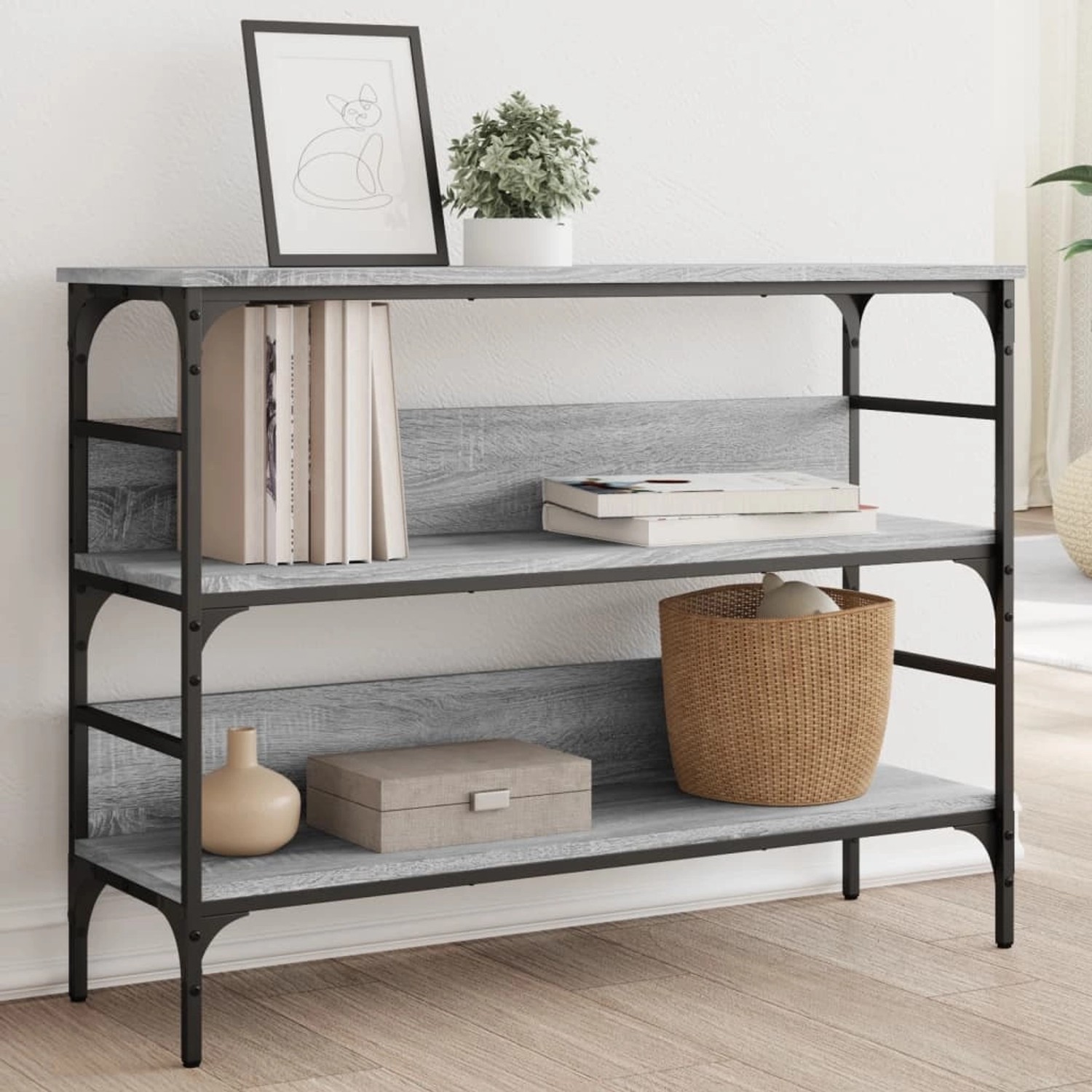 vidaXL Konsolentisch Grau Sonoma, 100x32x75 cm, Holzwerkstoff mit Metallrahmen. Tisch mit drei Ablagen.