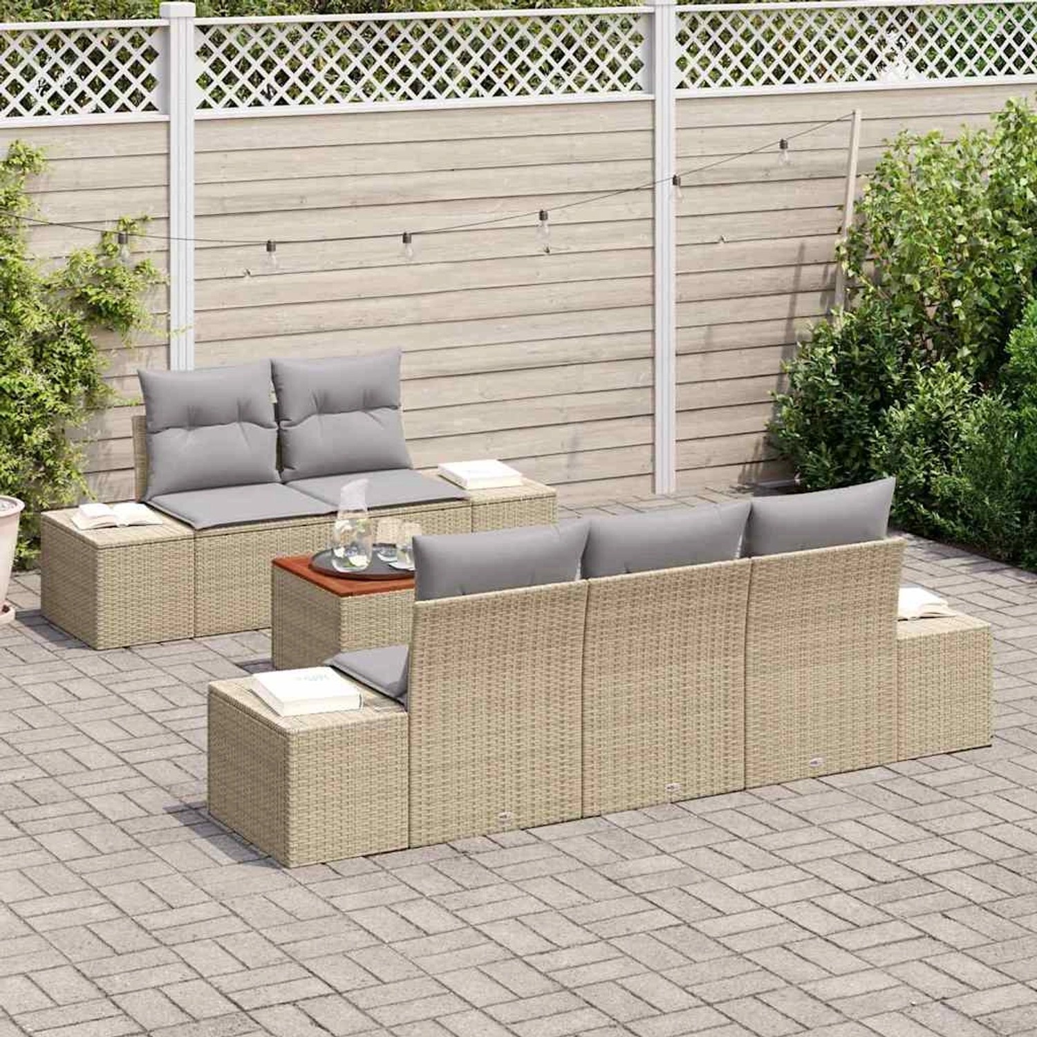 Beiges 6-tlg. vidaXL Garten-Sofa-Set aus Poly Rattan mit Kissen für Gartenmöbel.