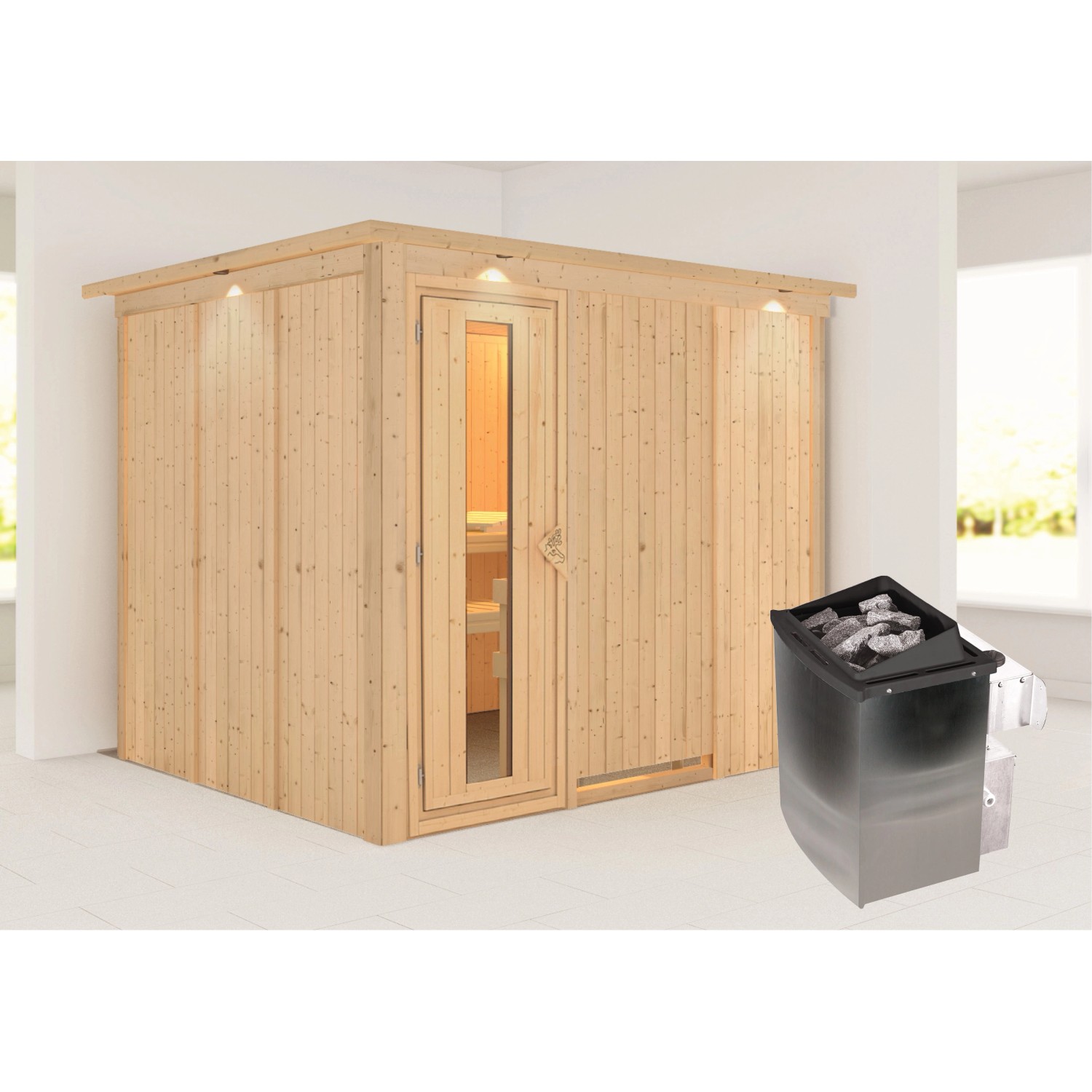 Karibu Sauna Gunda mit Ofen intergrierte Stg.LED-Dachkranz Natur