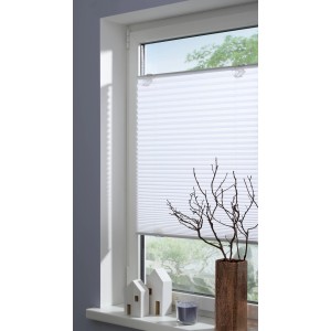 Weißes Gardinia Plissee Solo 40x130 cm mit Saugnäpfen am Fenster.