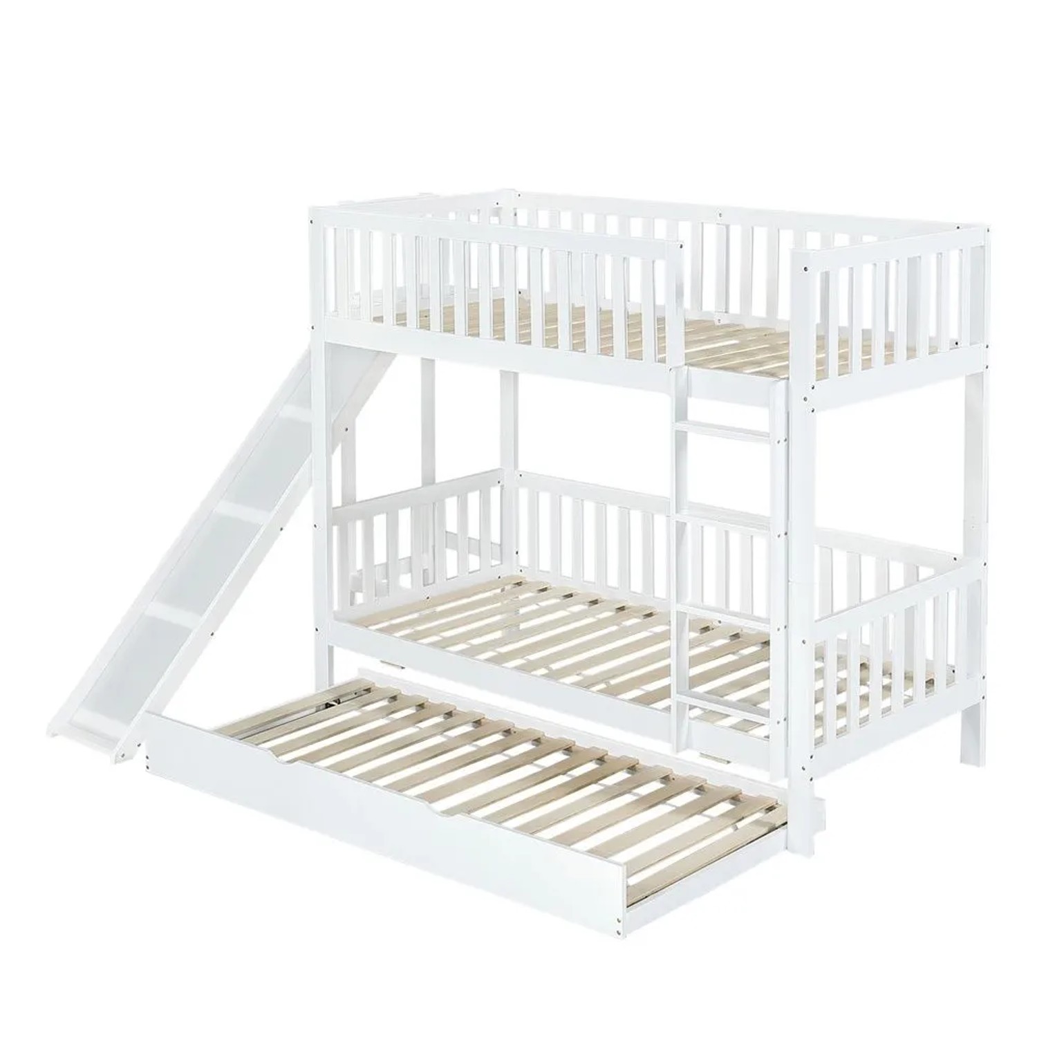 KOMHTOM Etagenbett 90x200/190Cm Mit Ausziehbett  Kinderbett  Mit Sicherheitsgeländer  Rutsche  Leiter Und Regalen  Kiefernholz + Mdf  Weiß