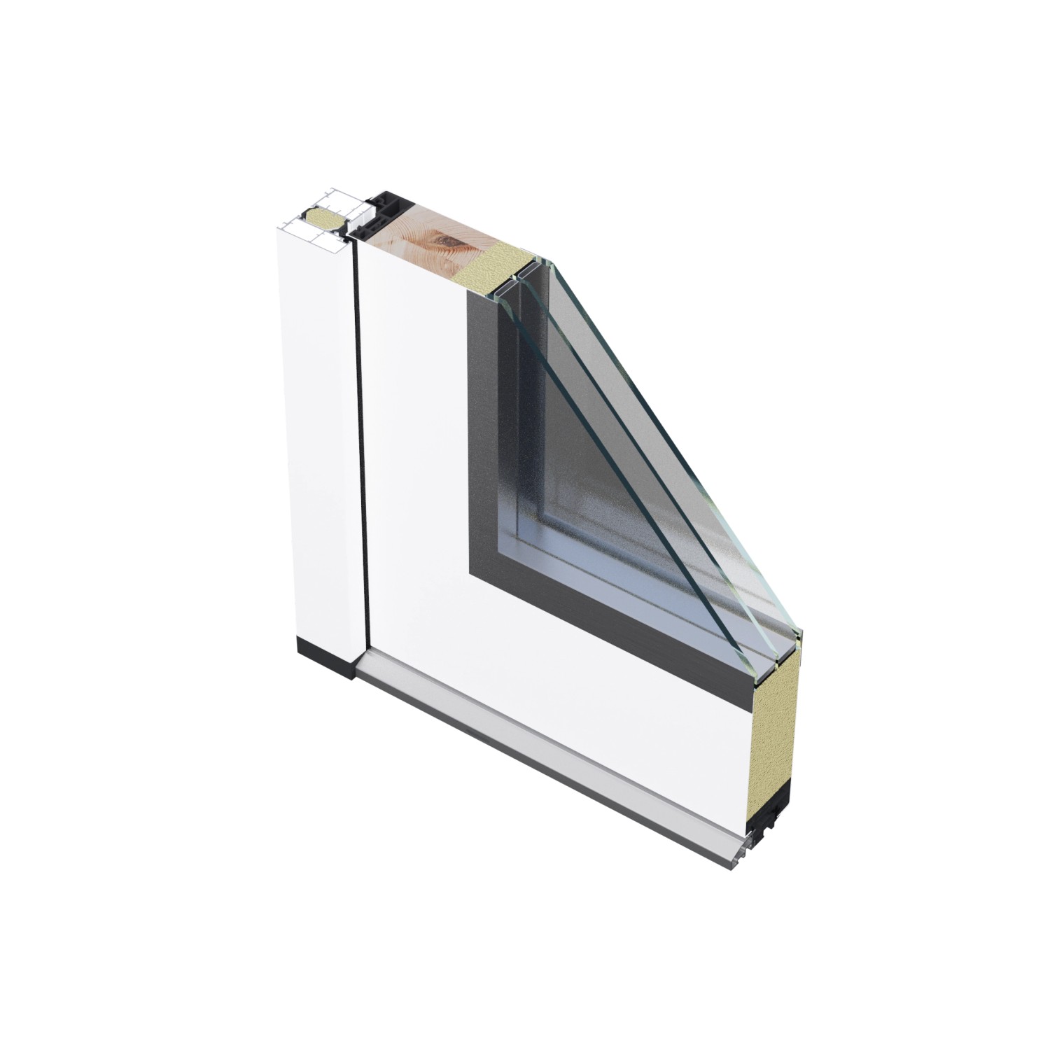 Schnittansicht FM Türen AS68 Haustür, weiße Tür mit Glaseinsatz und Aluminiumrahmen.