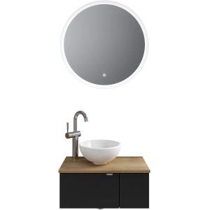 Pelipal Badmöbel-Set Serie 6915, Schwarz/Riviera Eiche: Waschtisch mit Aufsatzbecken und LED-Spiegel.