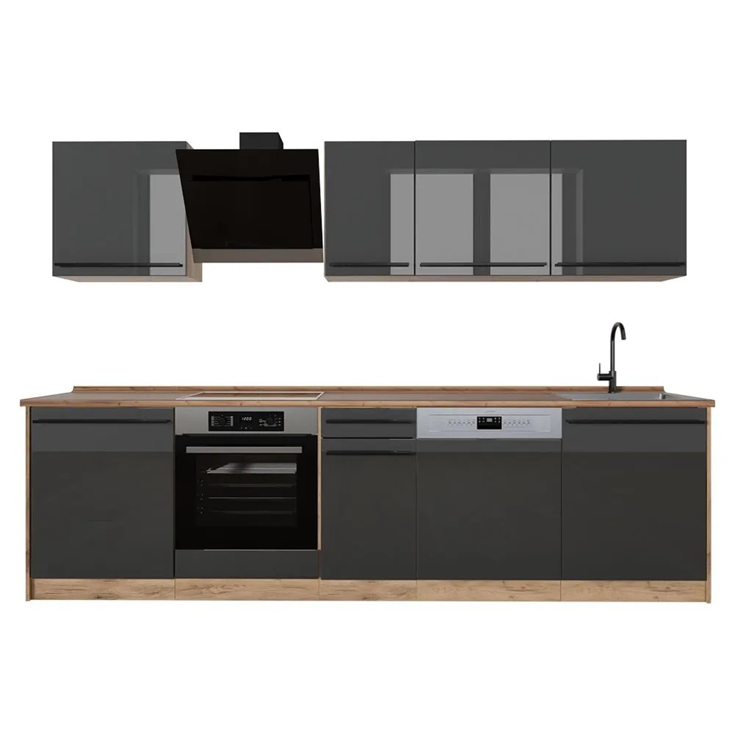 Vicco Küchenzeile R-Line Anthrazit Hochglanz/Goldkraft Eiche 280 x 207 ohne Arbeitsplatte Art Nr 66393
