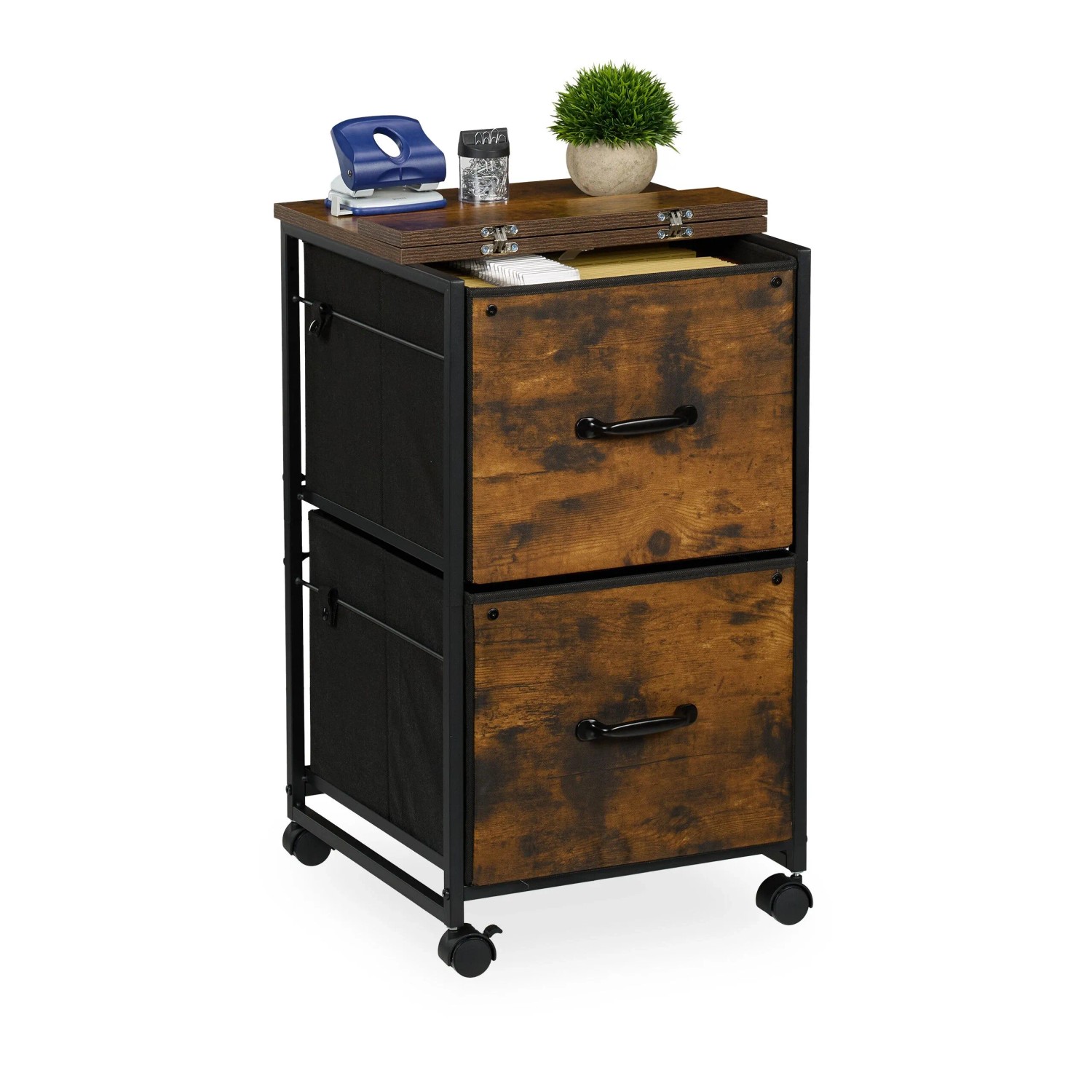 Relaxdays Rollcontainer 2 Schubladen MDF Polyester Stahl Kunststoff Braun Schwarz mit Hängeregister Klappbar 68 cm x 40 cm x 40 cm 6,6 kg