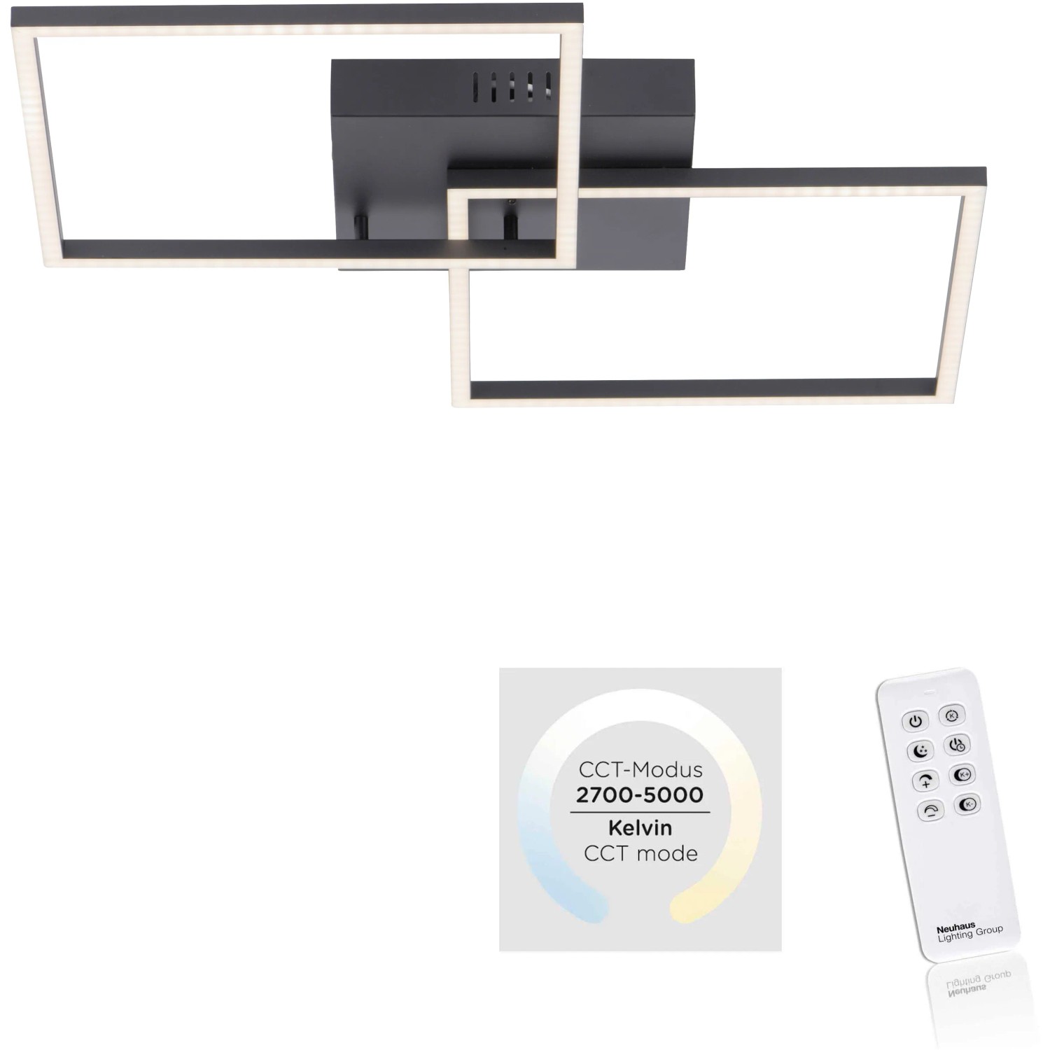 Moderne, schwarze LED-Deckenleuchte Iven (53x53 cm) mit Fernbedienung zur Lichtsteuerung.