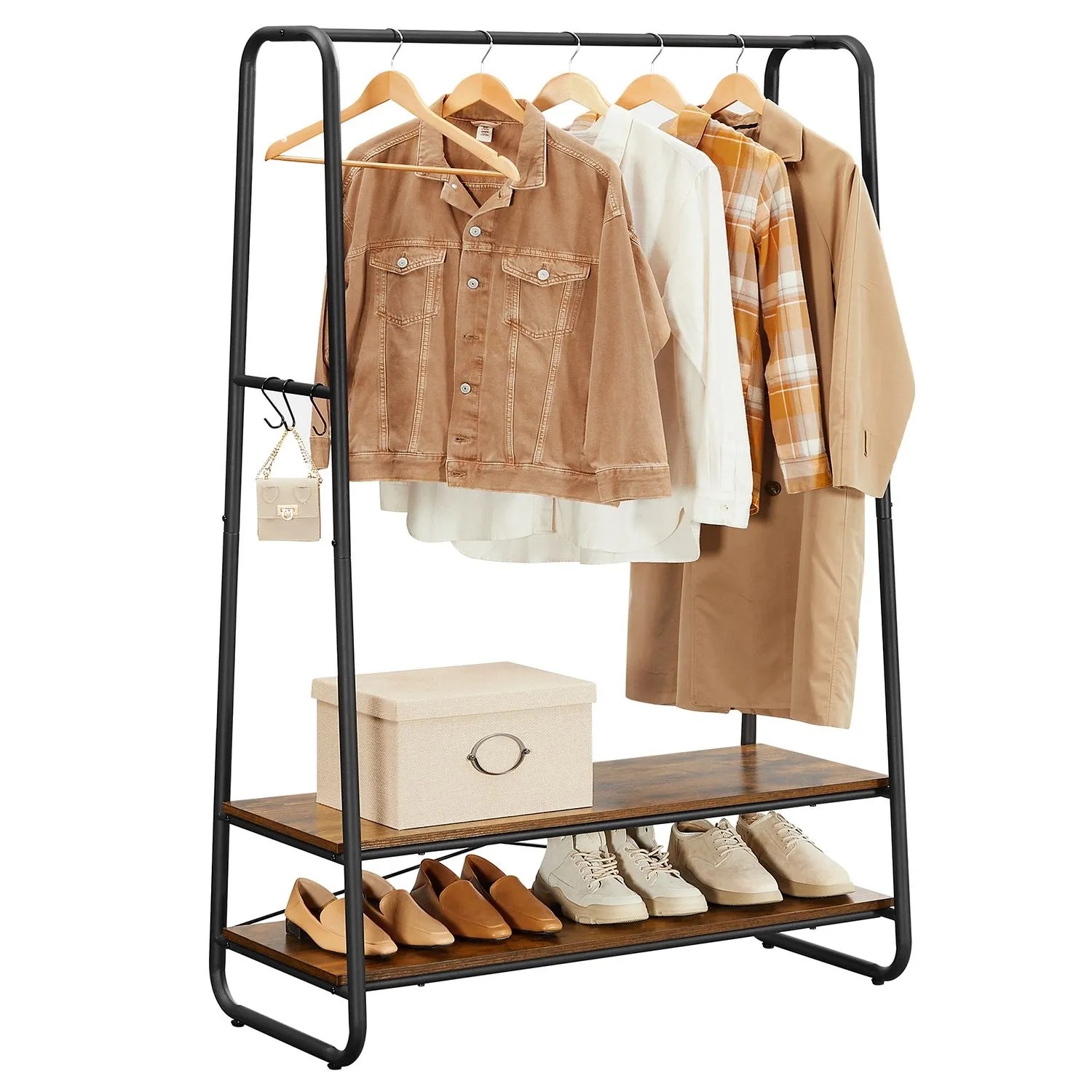 Vasagle Kleiderständer in Braun-Schwarz mit 2 Regalen für Kleidung, Schuhe und Accessoires.