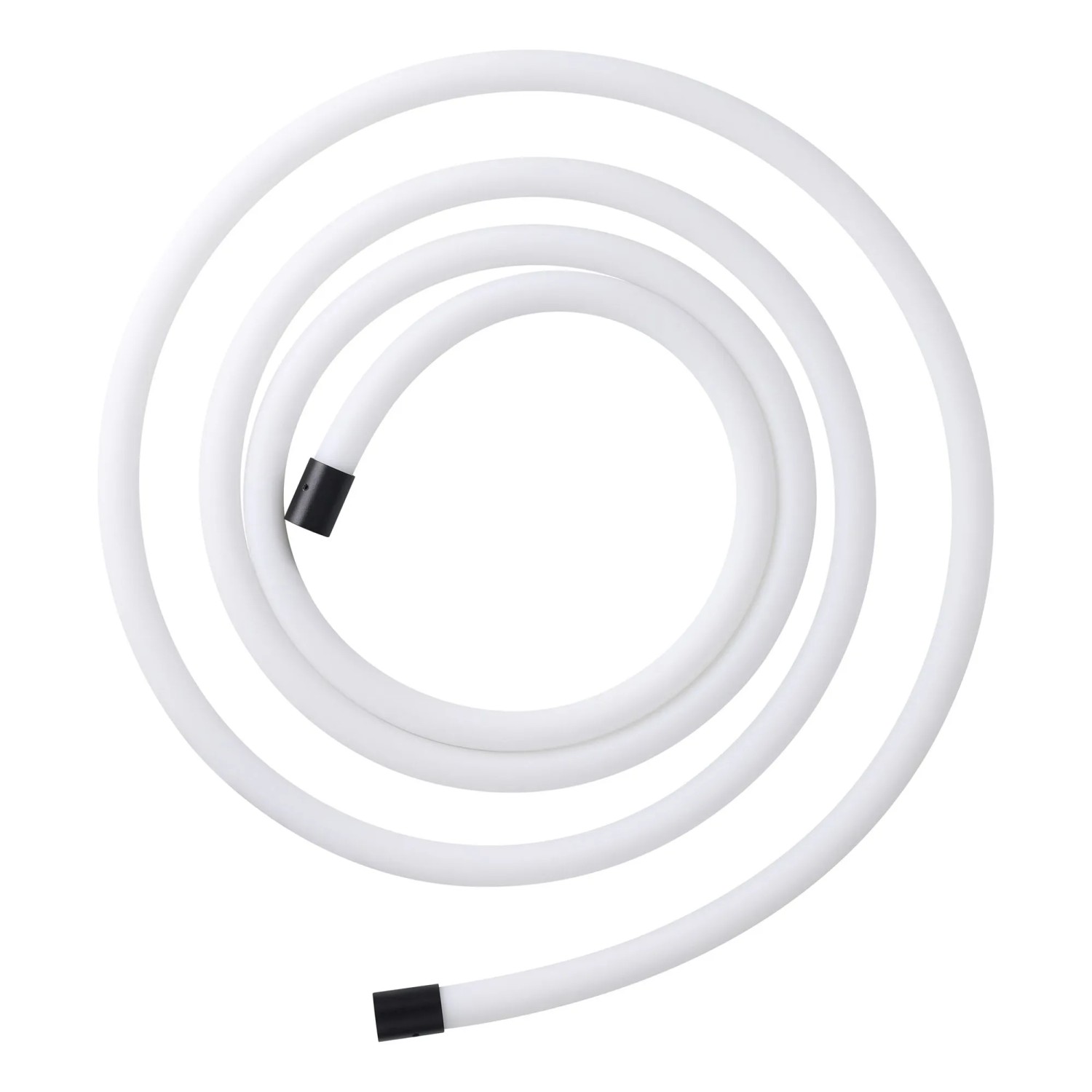 Eglo LED-Band Glowline, 300 cm, warmweiß, weißer Silikonschlauch mit schwarzen Enden, spiralförmig auf weißem Grund.
