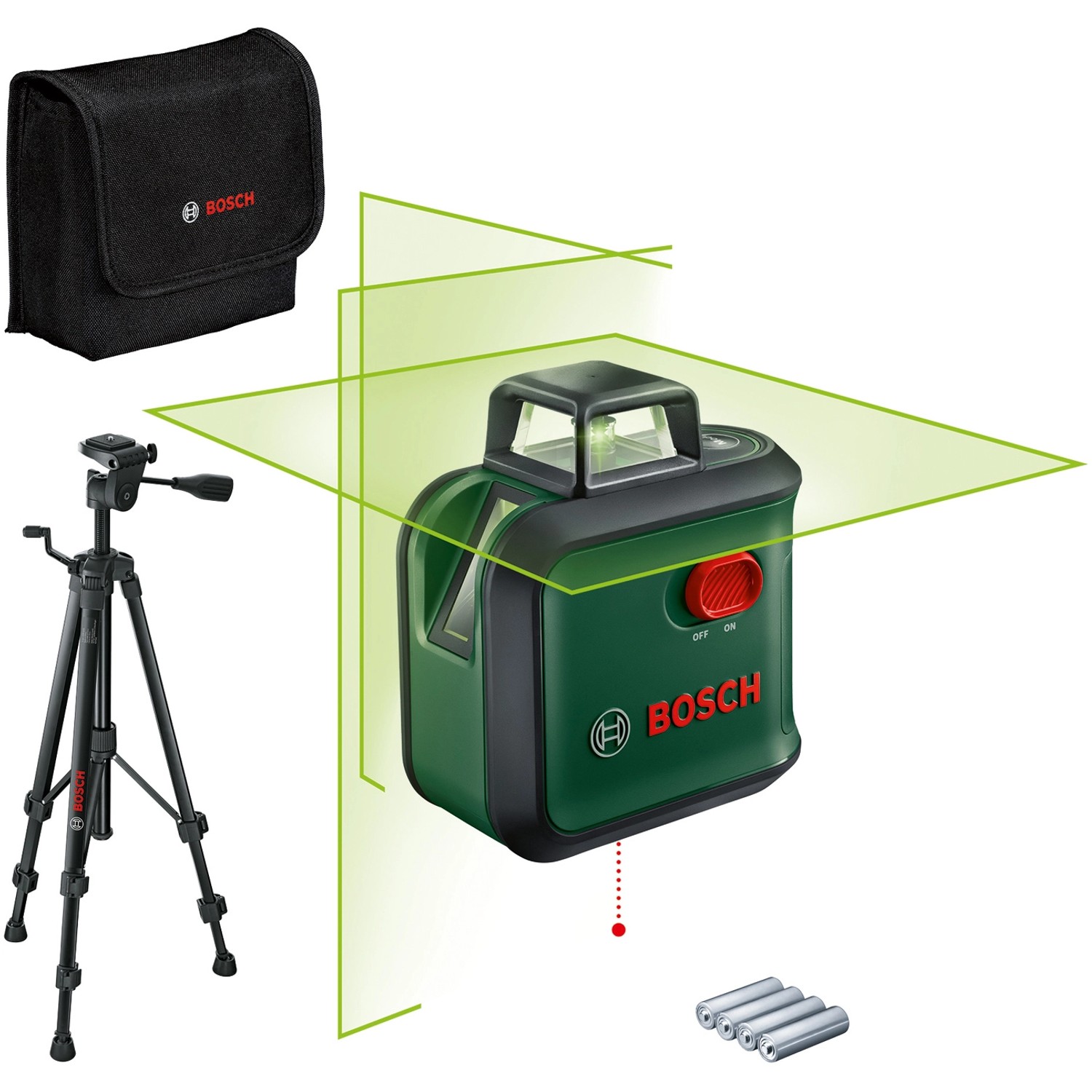 Bosch AdvancedLevel 360 Kreuzlinienlaser Set mit Stativ, Tasche und Batterien.