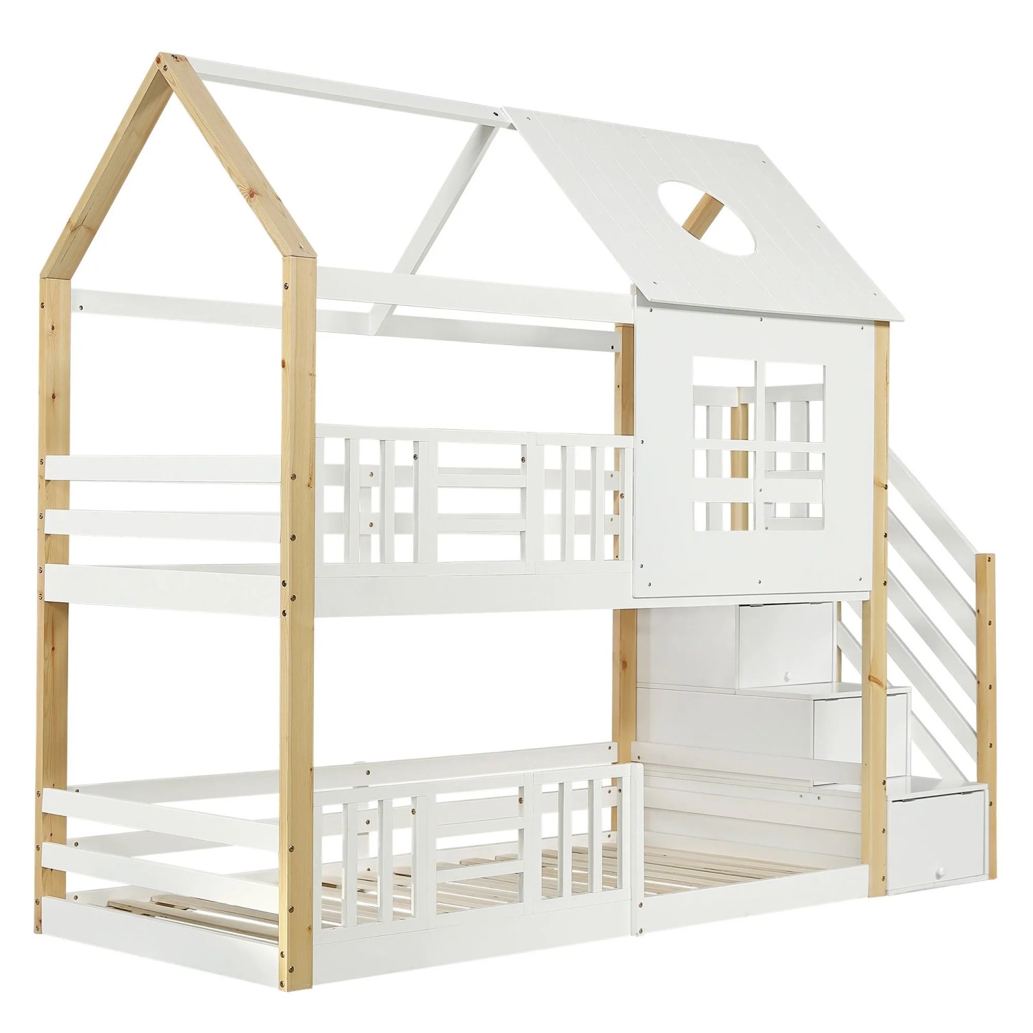 okwish Hausbett 90x200cm mit Aufbewahrungstreppe Fenster und Dach Weiß Natur ohne Matratze