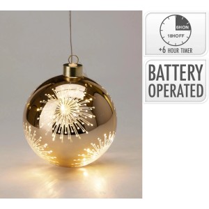 Goldene Weihnachtskugel aus Glas, 12 cm, mit leuchtendem Sternmuster, warmweißen LEDs, batteriebetrieben & Timer.