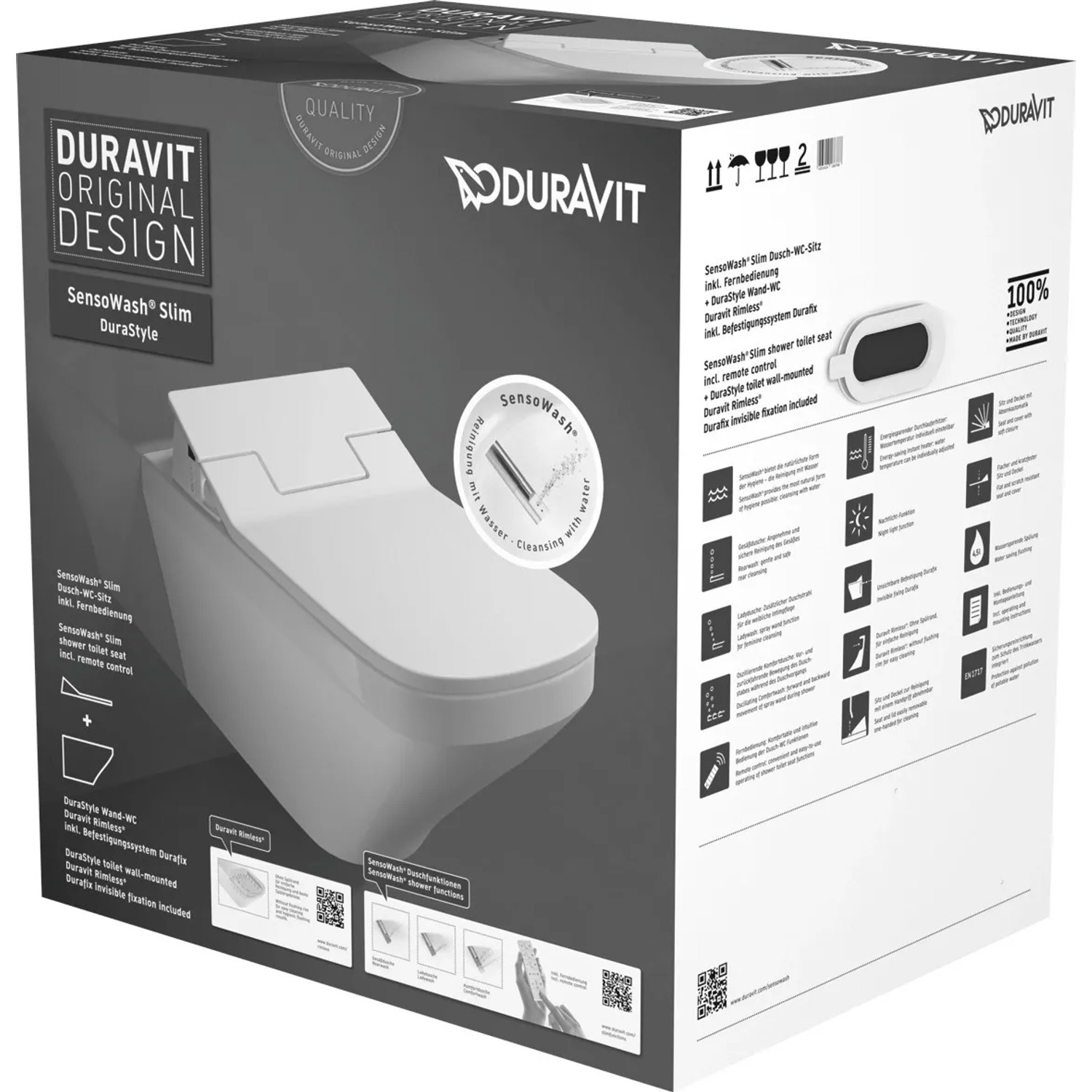 Verpackung des Duravit WC-Set SensoWash Slim mit DuraStyle Wand-WC, spülrandlos.