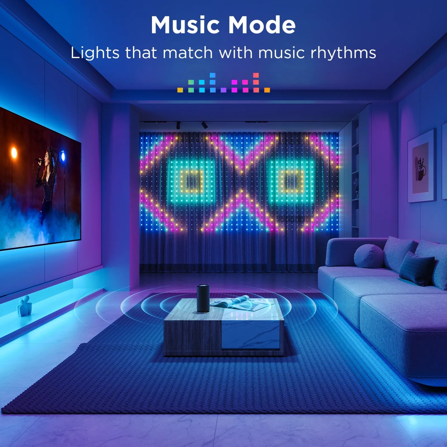 Govee X Netflix Gardinenleuchte H70BC im Wohnzimmer mit bunten LED-Mustern.