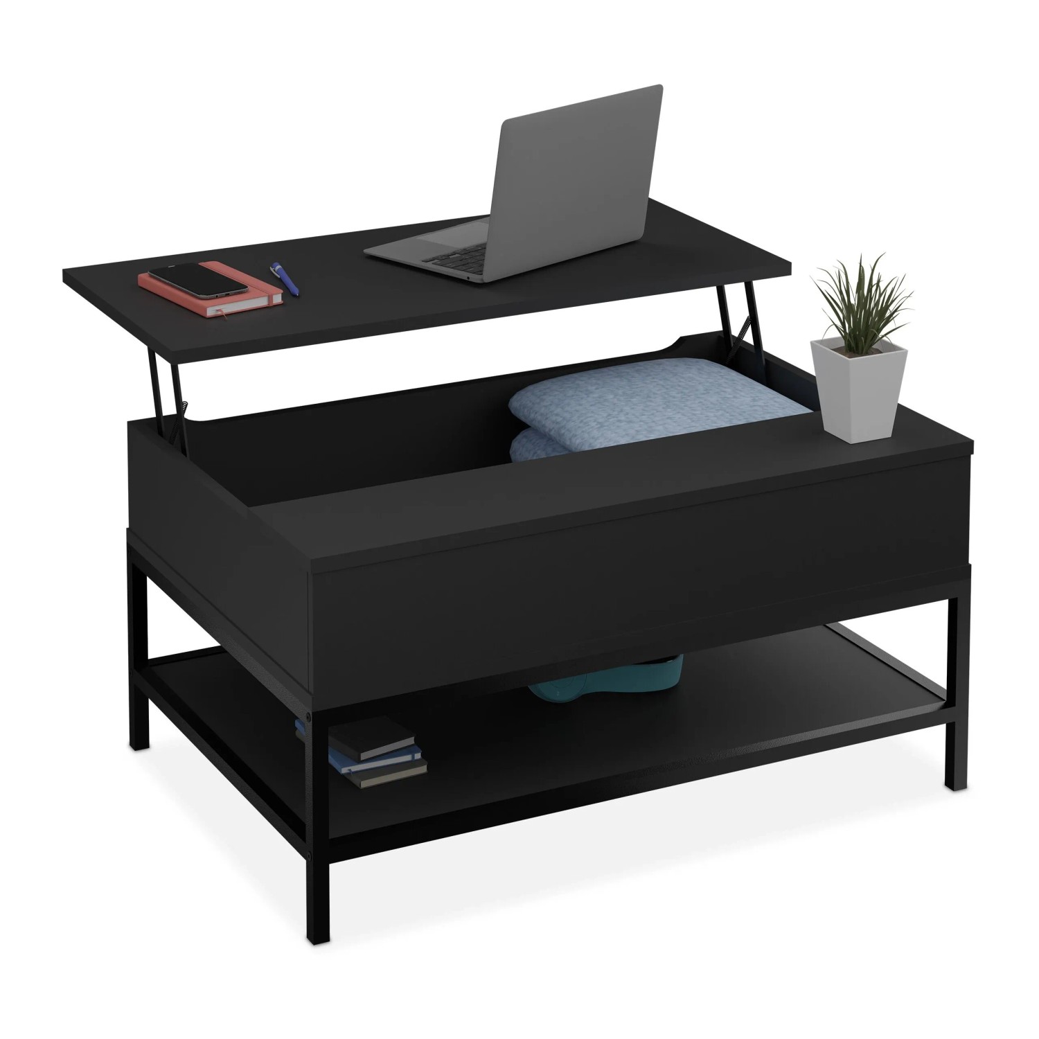 Relaxdays Couchtisch Holzwerkstoff Metall Schwarz Aufklappbar Höhenverstellbar 45,5 cm x 90 cm x 60 cm