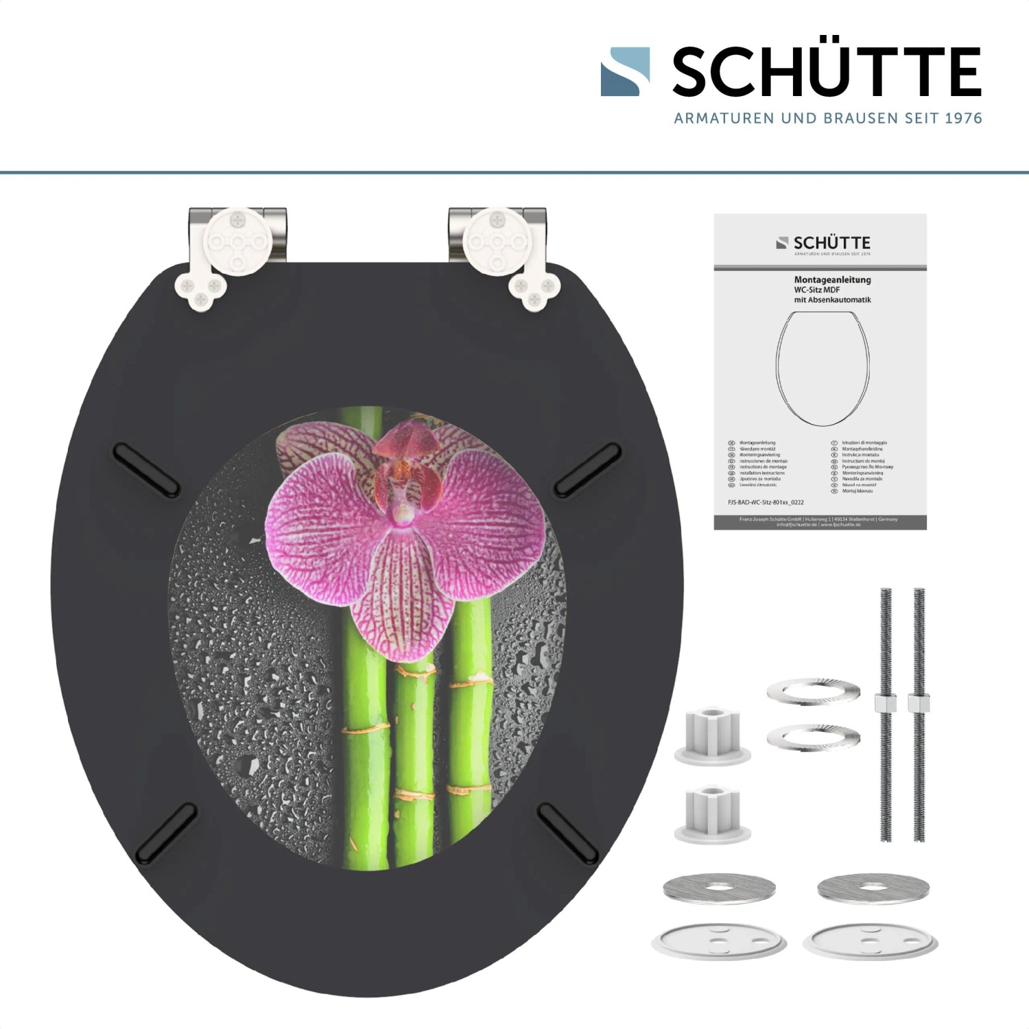 Schwarzer Schütte WC-Sitz Asia mit Holzkern, Absenkautomatik und Orchideen-Motiv.