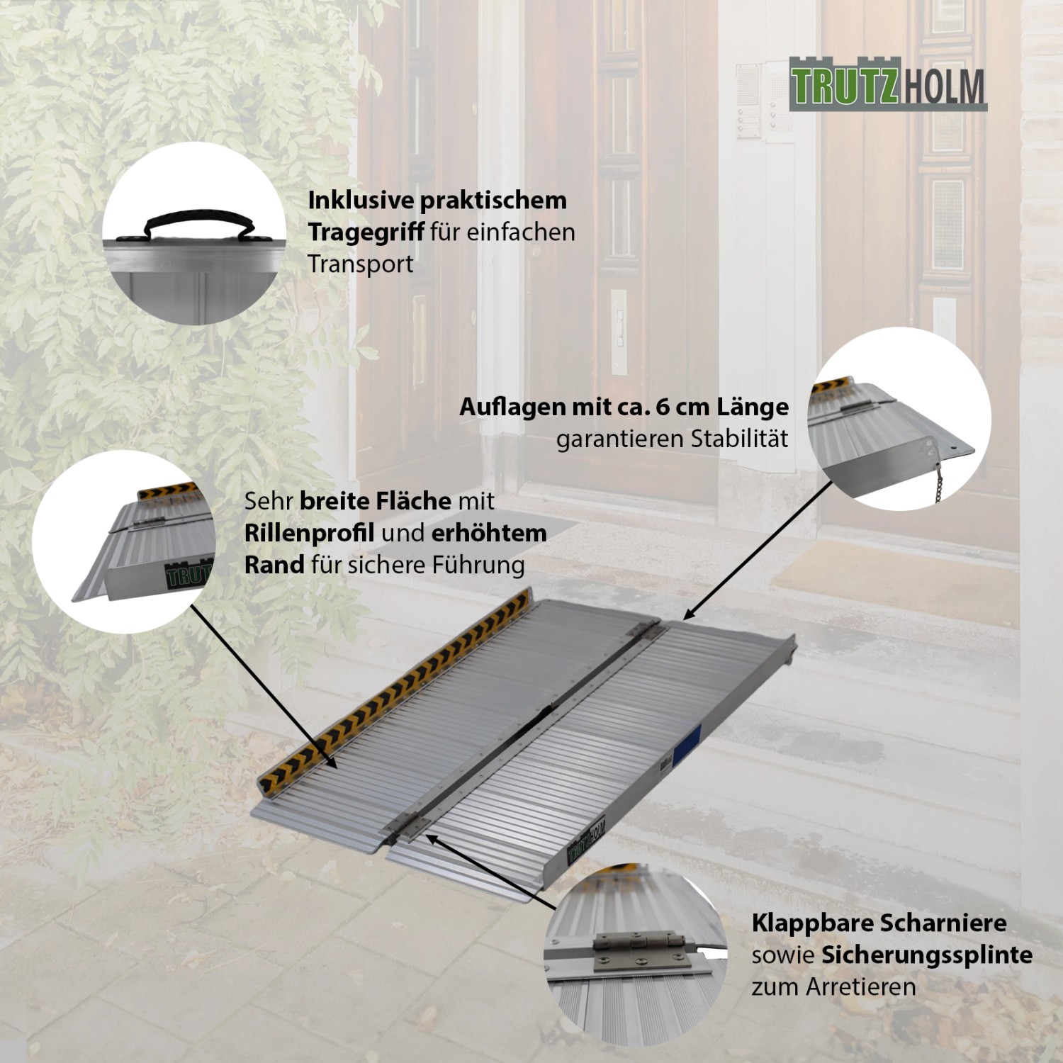 Klappbare TRUTZHOLM Rollstuhlrampe aus Alu, 122 cm lang, geriffelte Oberfläche für sicheren Halt.