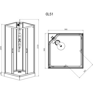 Sanotechnik Komplettdusche Epic, 90x90x235cm, mit schwarzem Rahmen und Armaturen. Schemazeichnung.