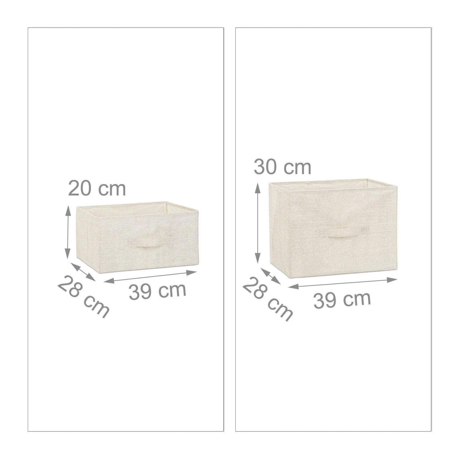 Beige Stoffschubladen für Relaxdays Regalsystem, Größenvergleich (20x28x39 cm und 30x28x39 cm).