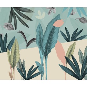 Komar Fototapete Naïve mit Pflanzenmotiven in Blau, Rosa und Grün, 300x250 cm.