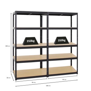 PROREGAL Mega Deal: 2 schwarze Schwerlastregale (180x90x60 cm) mit 5 Ebenen und je 350 kg Fachlast.