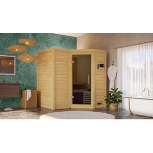 Woodfeeling Sauna Steena 1 aus naturbelassener Fichte mit graphitfarbener Glastür in Badezimmer.