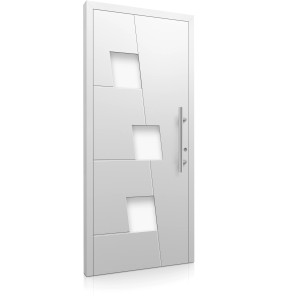 Weiße Aluminium Haustür Moderno M550/P mit Edelstahlgriff und quadratischen Glaseinsätzen.