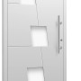 Weiße Aluminium Haustür Moderno M550/P mit Edelstahlgriff und quadratischen Glaseinsätzen.