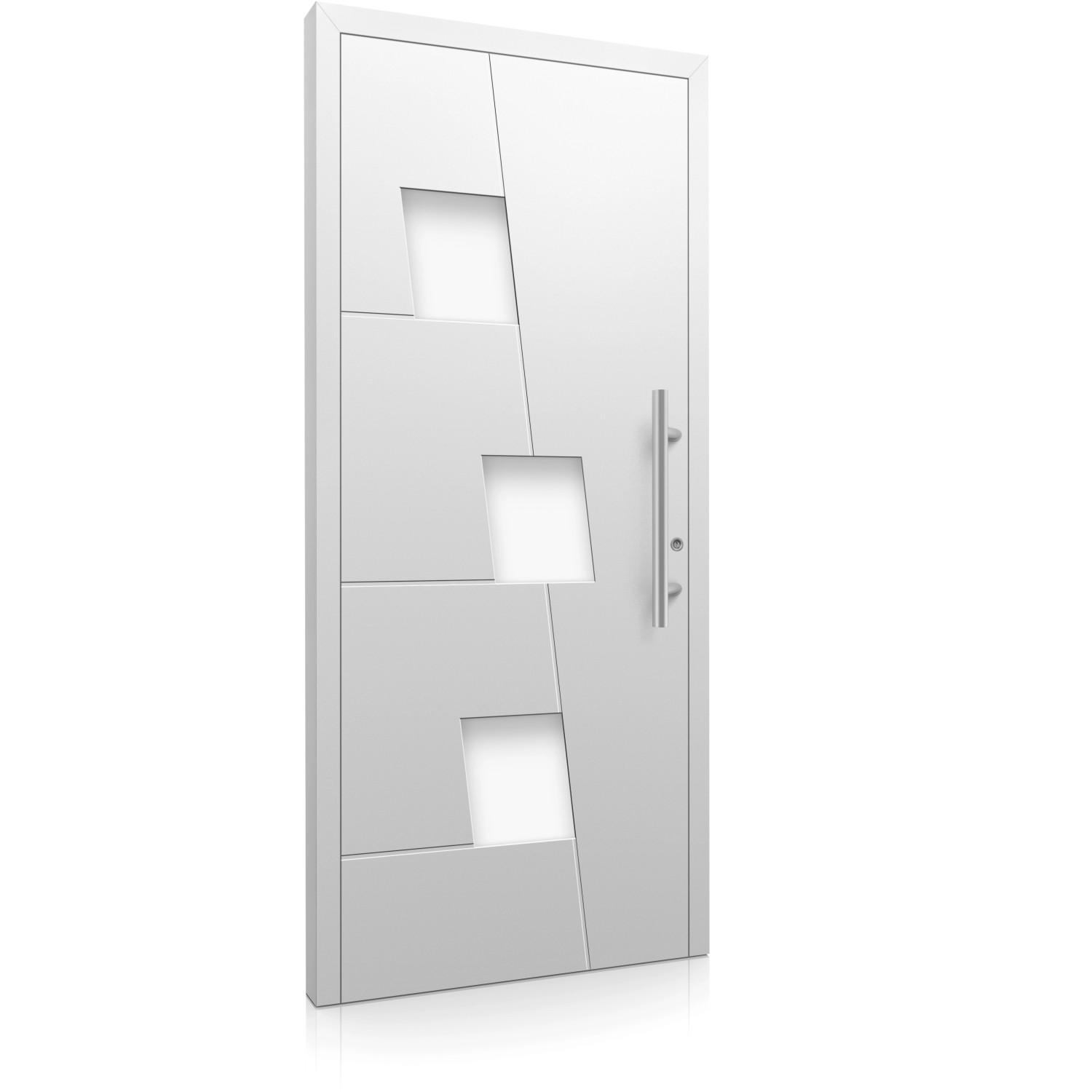 Weiße Aluminium Haustür Moderno M550/P mit Edelstahlgriff und quadratischen Glaseinsätzen.