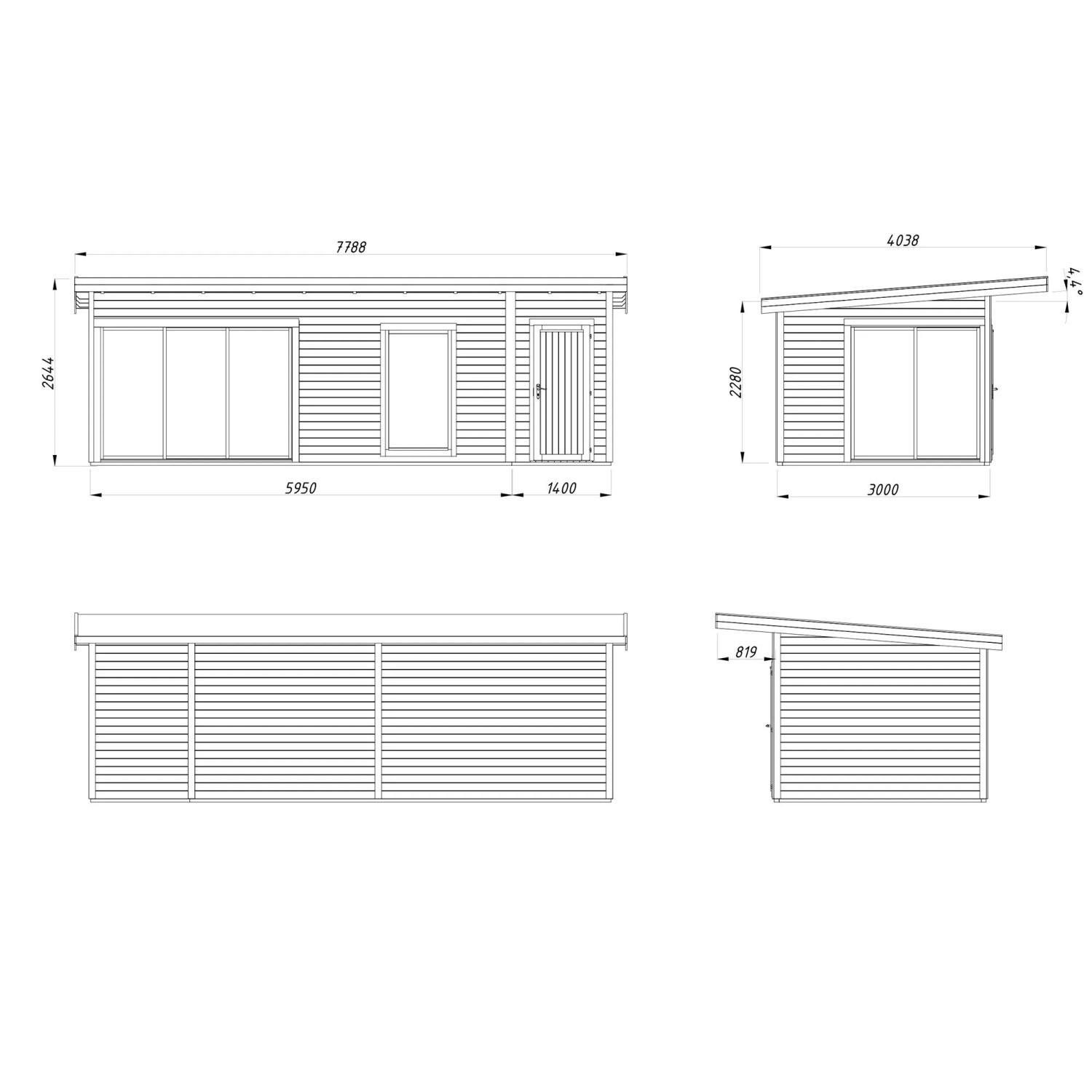 Skizze Palmako Holz-Gartenhaus mit Pultdach, hellgrau lackiert, Maße 735x300 cm.