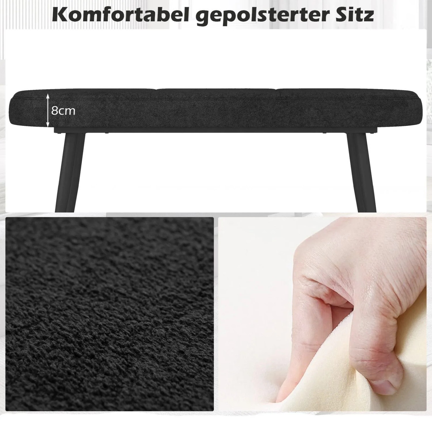 Costway Sitzbank, Polsterbank schwarz mit Metallbeinen, Detailansichten von Polster und Stoff.