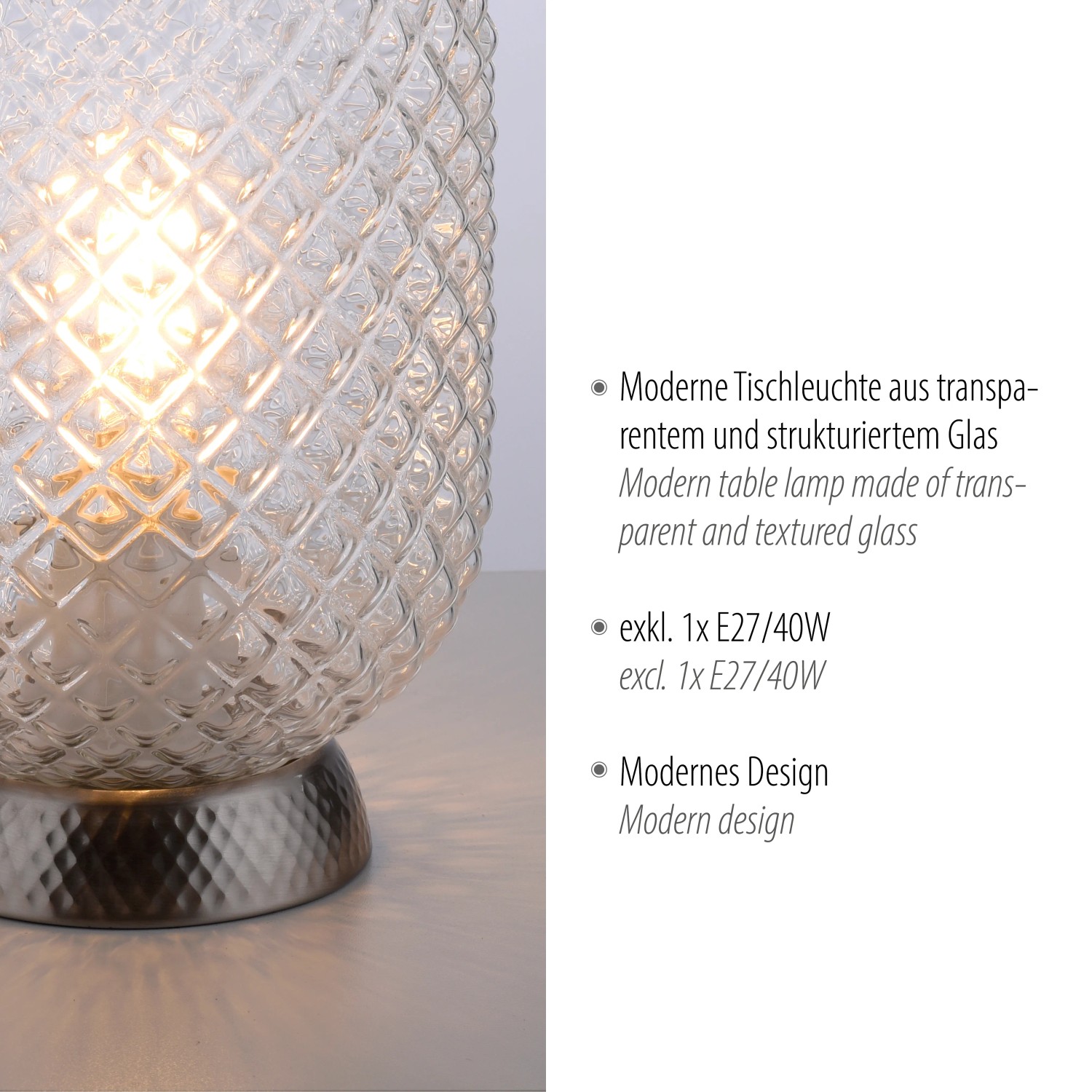 Just Light Reishi Tischleuchte aus Stahl und Klarglas, 22,5x15cm.