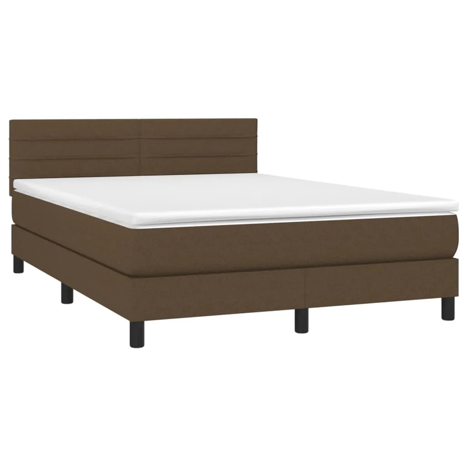 Dunkelbraunes Boxspringbett 140x190 cm mit Matratze und Kopfteil.