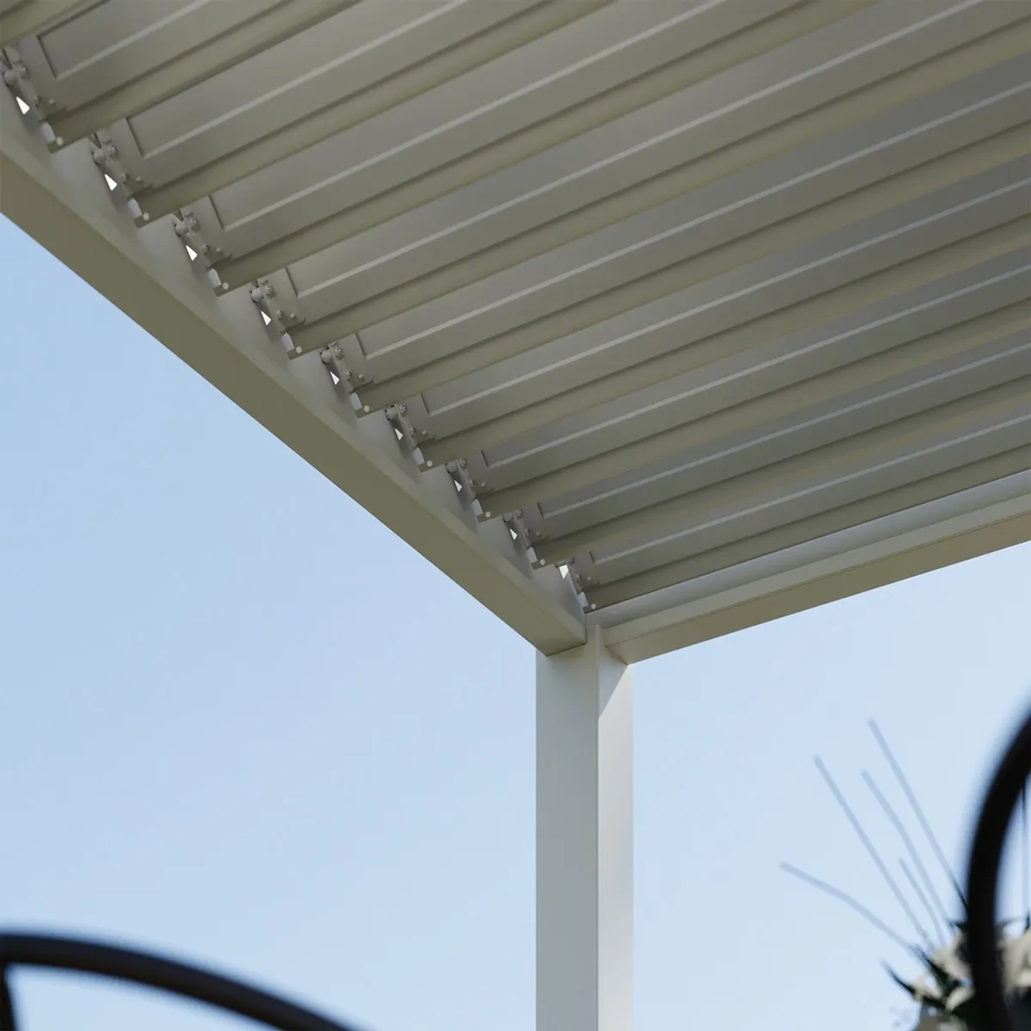 Detailansicht: Weißer Weide Classic Pavillon mit Stahl-Lamellen und Aluminium-Rahmen.