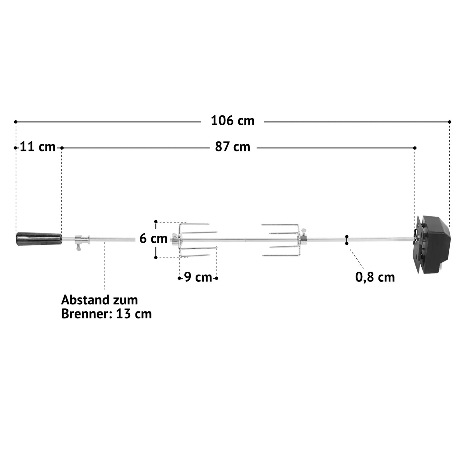 Drehspieß mit Motor für Taino Red 6+1 Gasgrill, Maße und Details