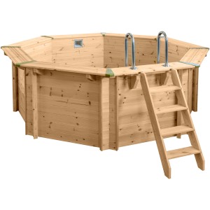 Holzpool Set Java, Ø 3,55 m, H 1,16 m mit Leiter und Edelstahl-Einstiegsleiter.