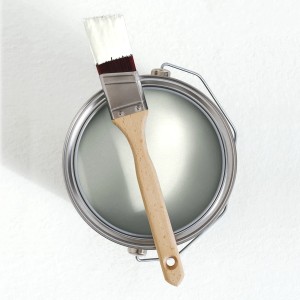 Dose weiße Innenfarbe mit Pinsel, Farbton Leere Leinwand.