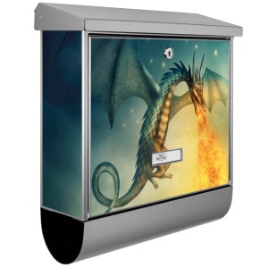 Banjado Edelstahl Briefkasten mit Drachen Motiv und Zeitungsfach, 38x39x12cm.