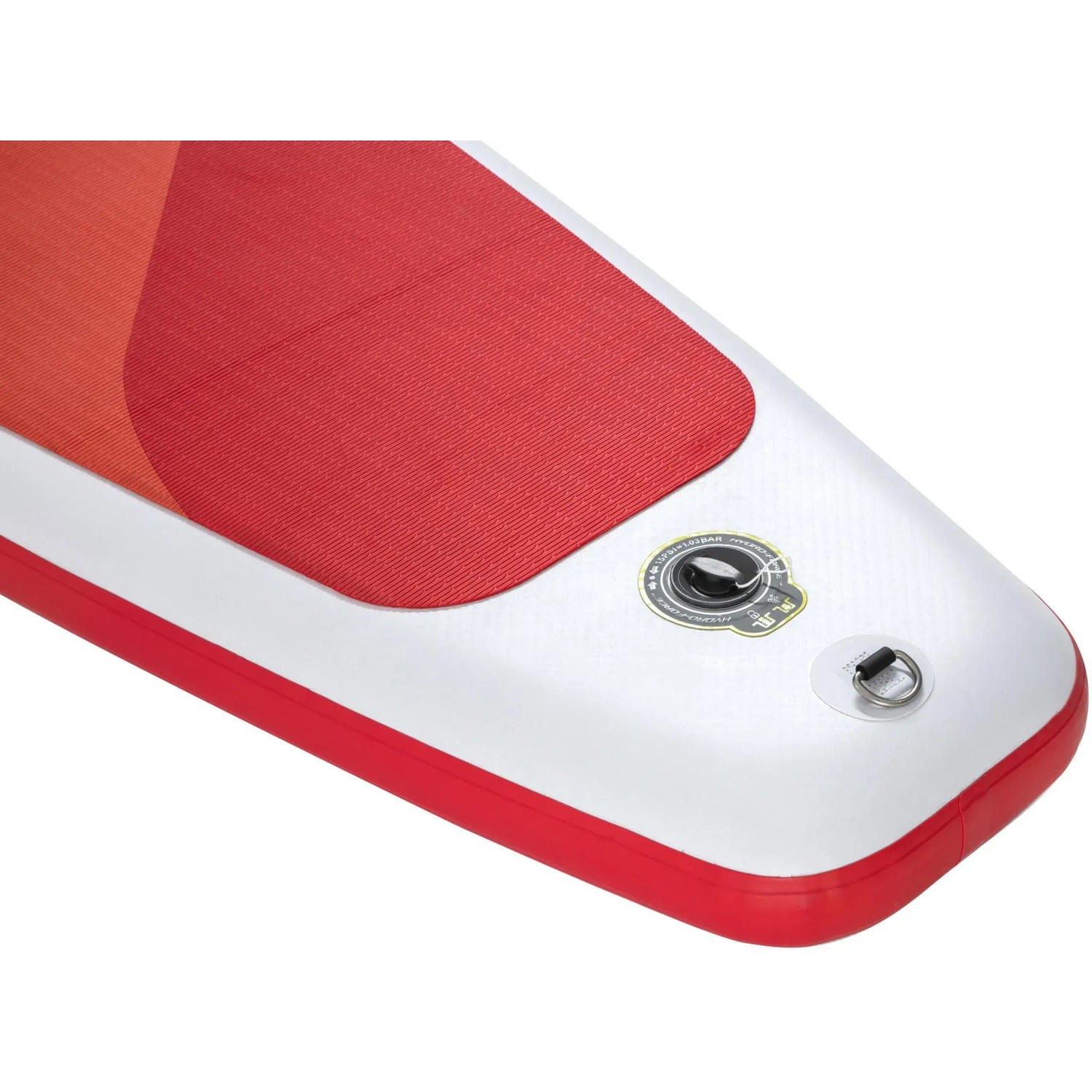 Detailaufnahme: Bestway Hydro-Force SUP Fast Touring Board, rot-weiß, mit Anti-Rutsch-Belag.