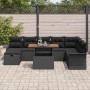 Schwarzes 9-teiliges vidaXL Garten-Sofa-Set aus Poly Rattan mit Tisch und Kissen.