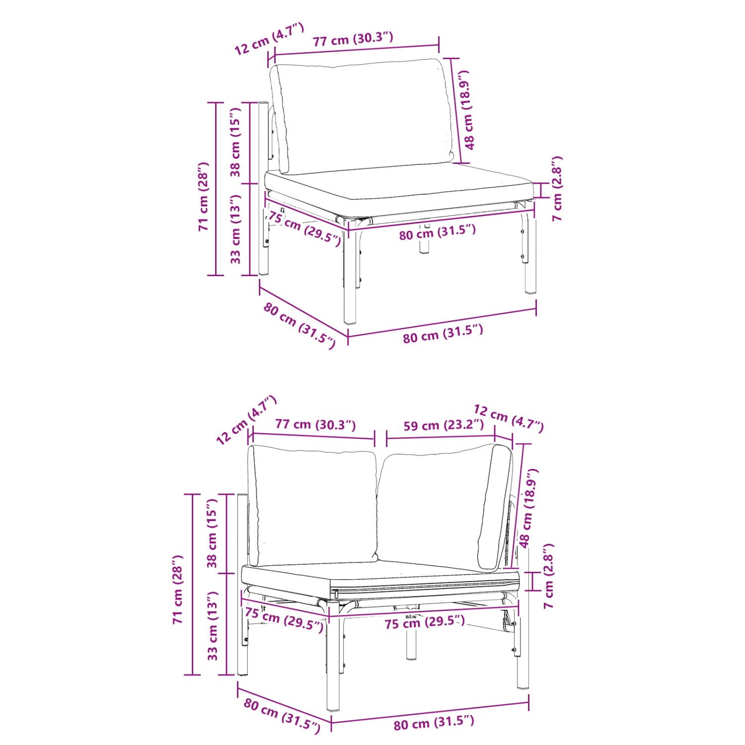 vidaXL Gartenmöbel-Set, 7-teilig, anthrazitfarben, Stahl, mit Maßangaben.