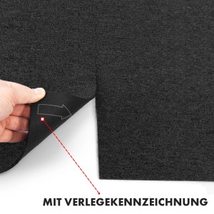 Anthrazitfarbene KARAT Teppichfliese Moscow meliert, 50x50 cm, mit Verlegekennzeichnung.