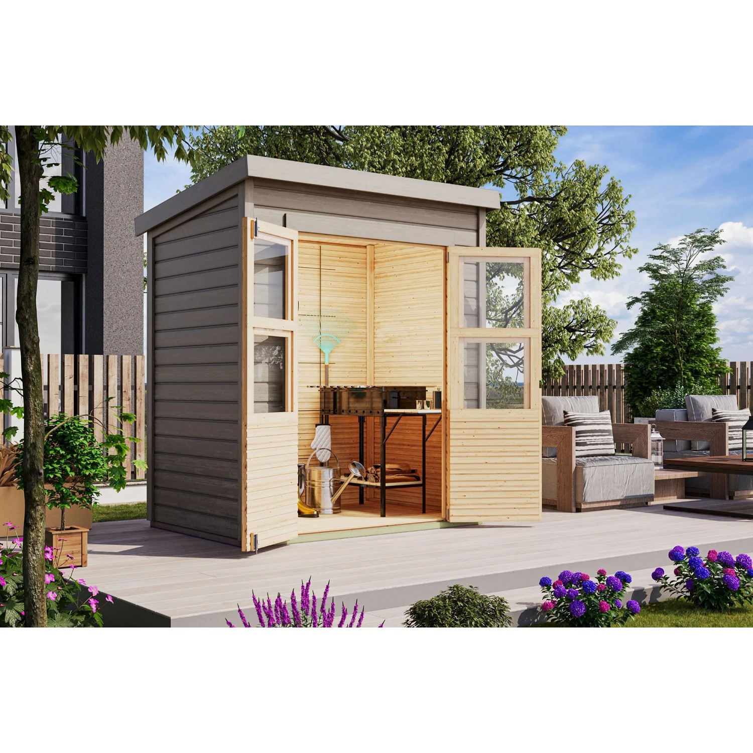 Karibu Holz-Gartenhaus Gartenhaus Pultdach Grundiert 182 cm x 126 cm 2,2 m²