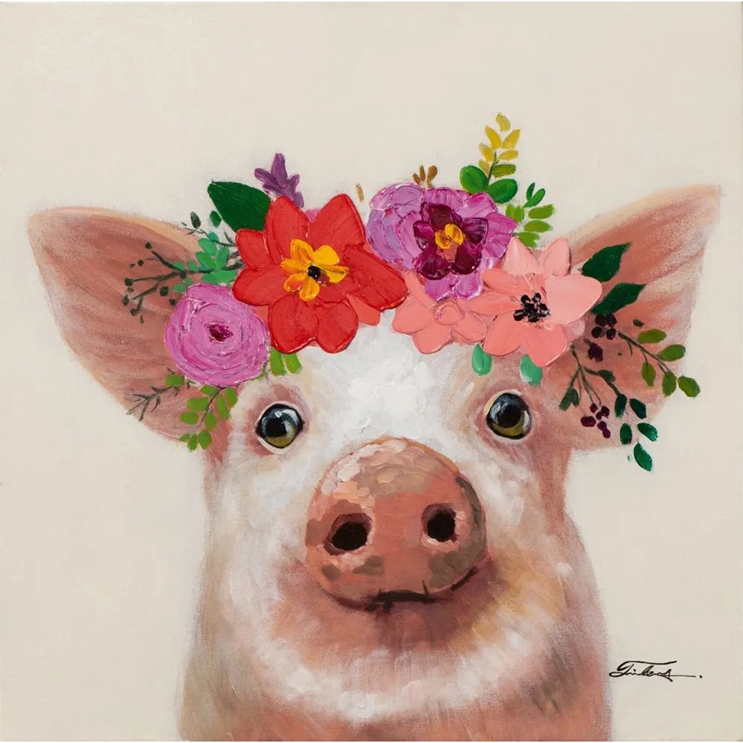 Art Universe Leinwandbild Kleines Schweinchen mit Blumen Dekoration 50 x 50 cm